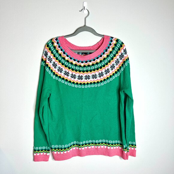 Talbots Pink Green Fair Isle Round Neck Apres Ski Sweater Cabincore Sz Large - Picture 1 of 4